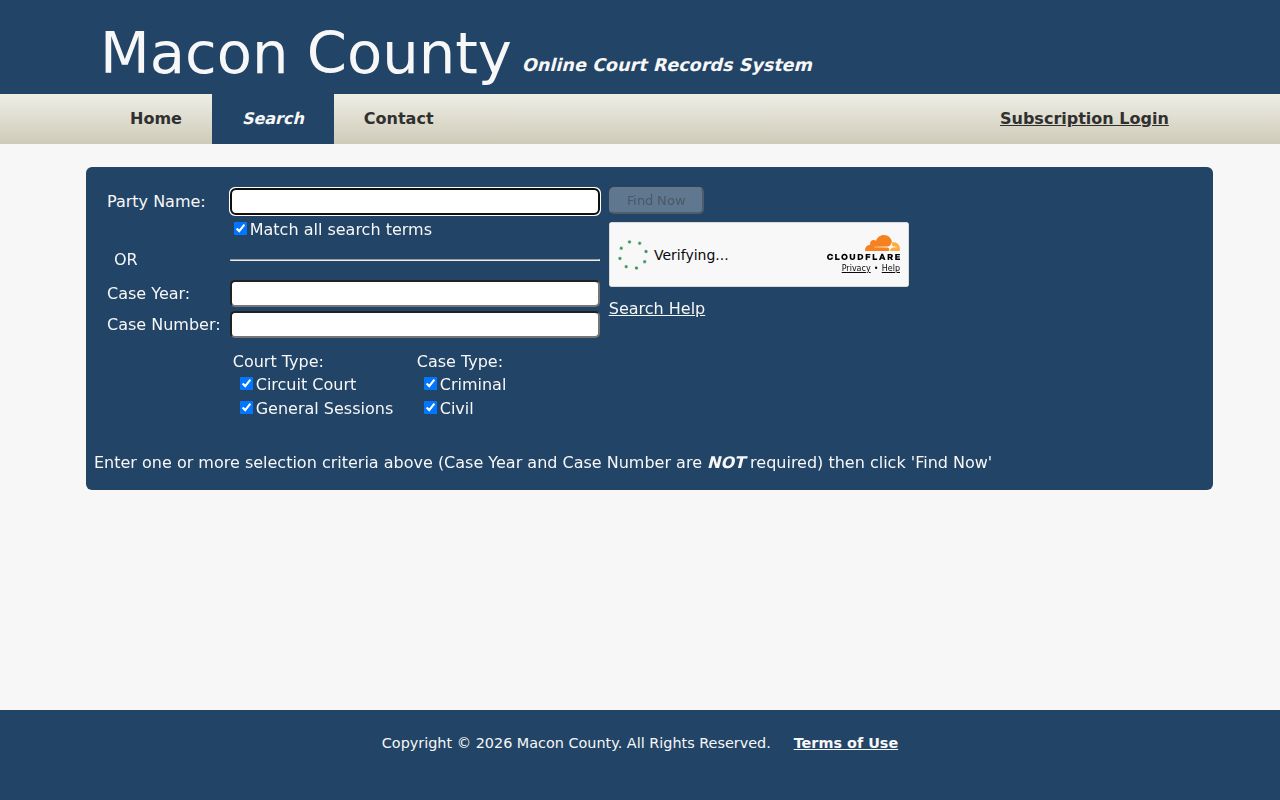 Macon County case search fields and court filters