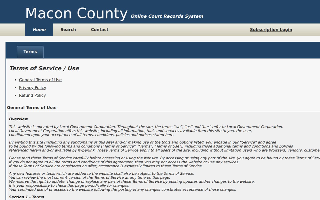 Macon County docket search public information disclaimer