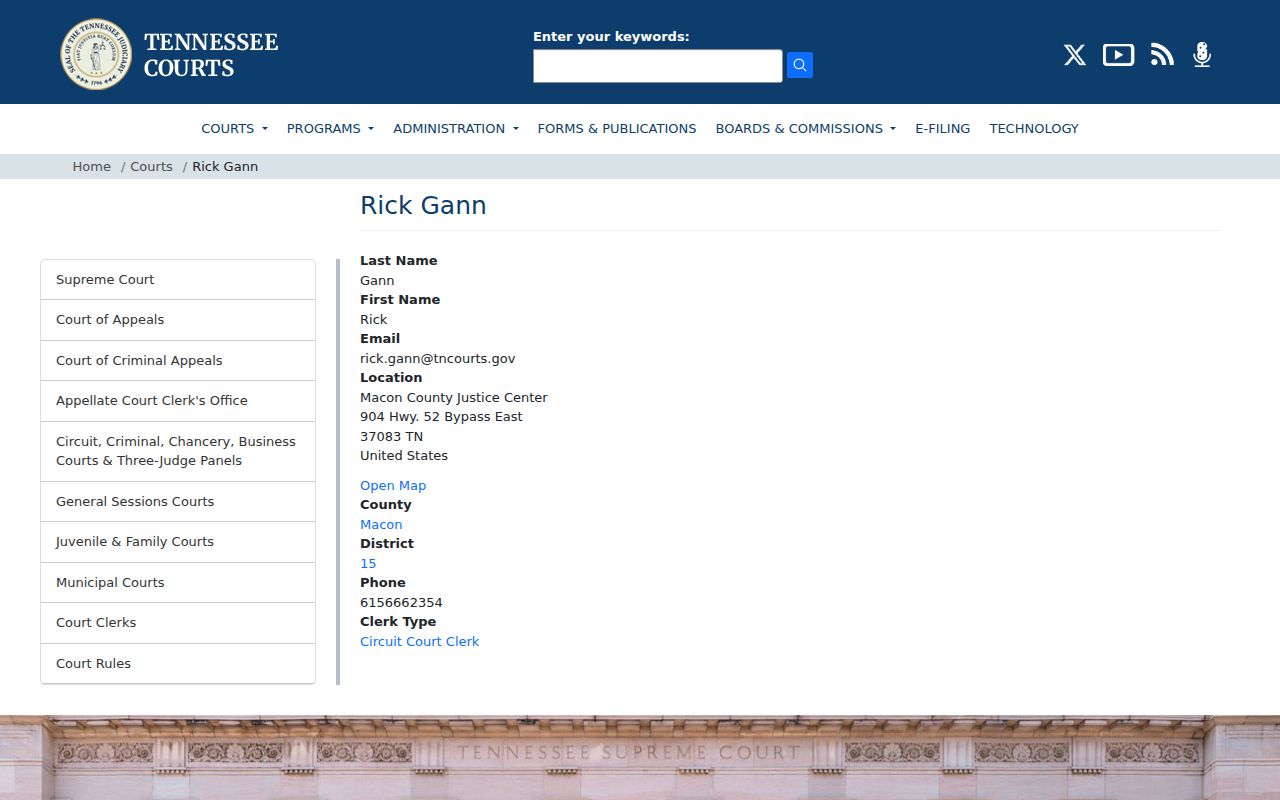 Macon County court records directory entry for Circuit Court Clerk Rick Gann
