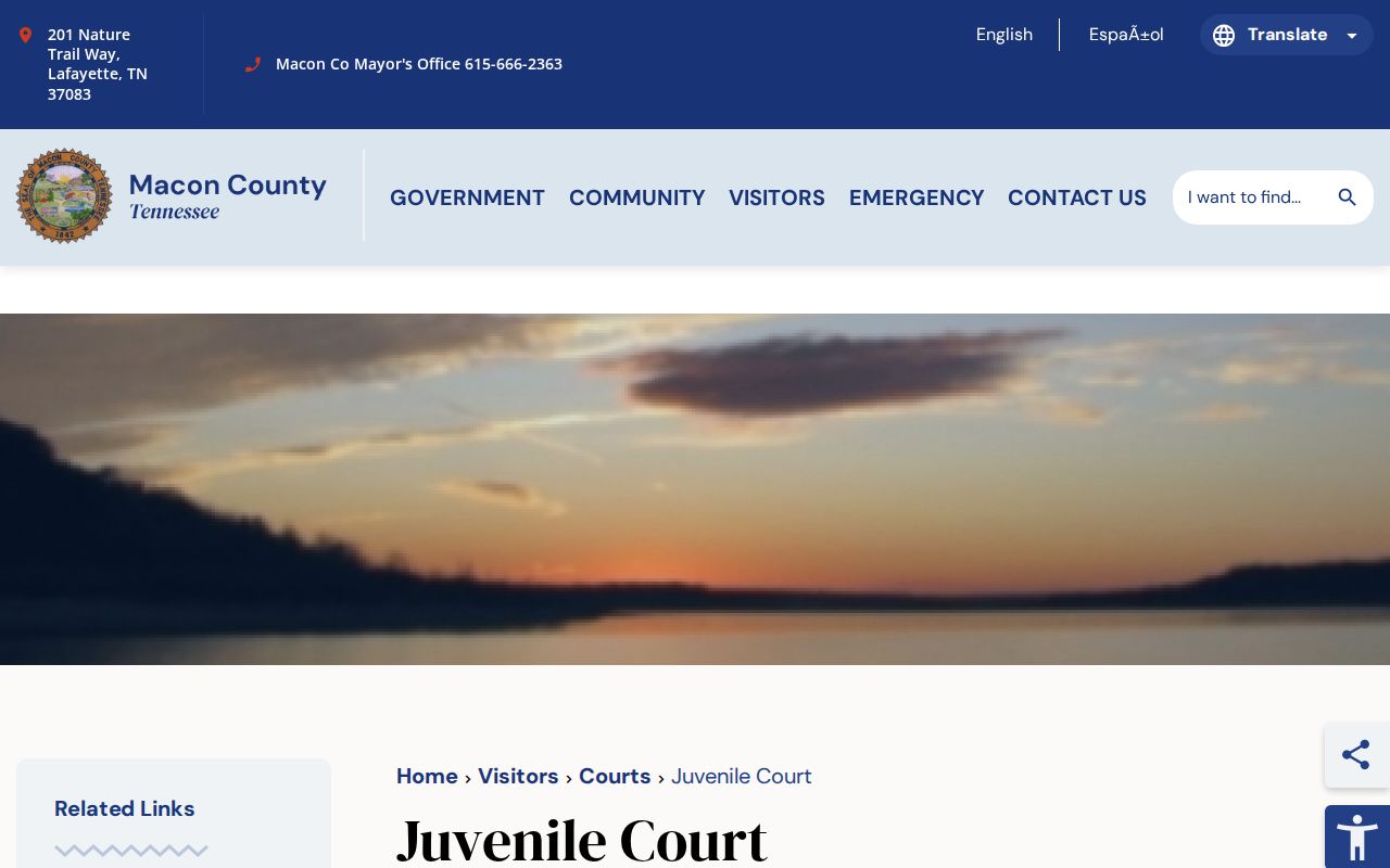 Macon County court records page showing Juvenile Court jurisdiction and contacts